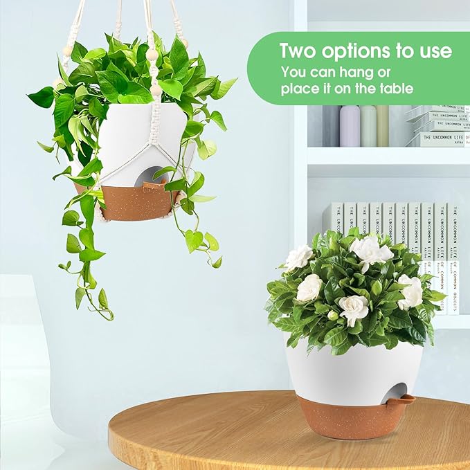 Hanging Planters for Indoor Outdoor Plants, 2 Pack Self Watering Hanging Pot with Drainage Holes, Removable Tray & 2 Kinds of Plant Hangers, 10'' Hanging Flower Pots for Home Garden Decor, White-Ruum Studio Home