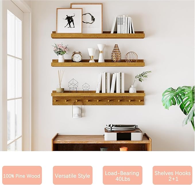 MBYD Floating Shelves 36 Inch, Nursery Book Shelves for Kids Room, Hanging Bookshelf with Hooks Set of 3, Light Walnut Wood Picture Ldge Shelving, Kitchen Wall Shelf Spice Rack for Bedroom Bathroom-Ruum Studio Home