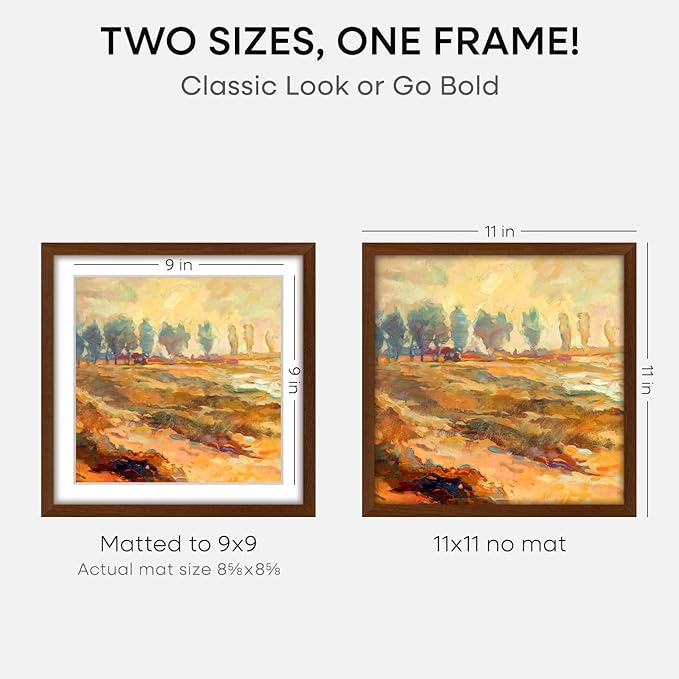 Homeforia 11x11 Picture Frame Brown, High-End Dark Oak 11 x 11 Square Brown Wood Frames with Mat 9 by 9 Photo, 11by11 Wooden Walnut Poster Frame Matted to 9x9 Print, Tempered Glass, Wall Kit, Set of 1-Ruum Studio Home