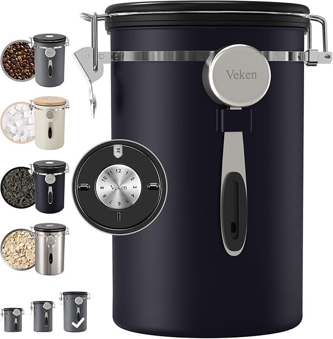 Veken Coffee Canister, 39OZ Large, Airtight Stainless Steel Food Storage Container for 2.2lbs Coffee Beans, Ground, Sugar, Tea, Flour, Rice, Cereal, Cookies Jars, Bar Accessories & Gifts, Black-Ruum Studio Home