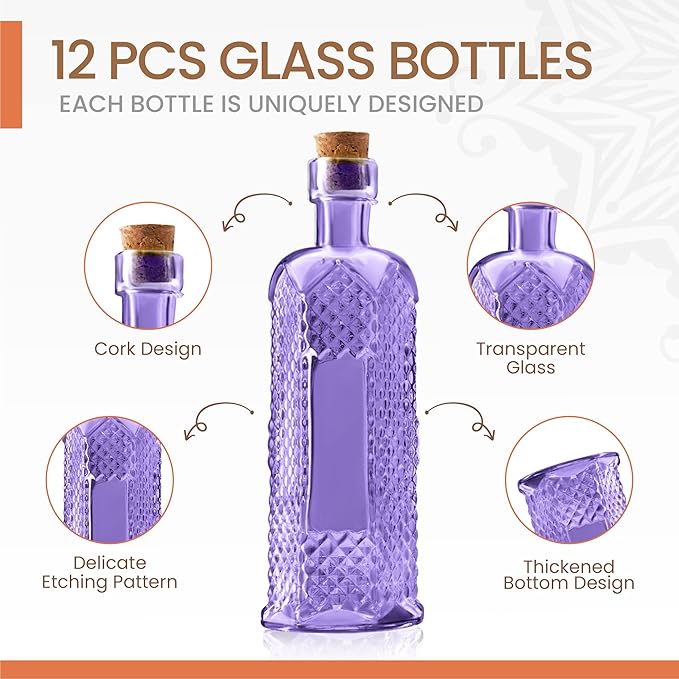 Small Mini Purple Vintage Glass Bottles with Corks, Mini Vases, Decorative Glass Bottle, Potion Bottles, Assorted Design Set of 12 pcs, 4.6 Inch Tall (11.43cm), 1.4 Inch Wide (3.56cm)-Ruum Studio Home