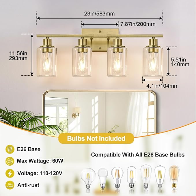4 Light Bathroom Light Fixtures, Brass Vanity Lights for Bathroom with Clear Glass Shades, Modern Bathroom Wall Sconces for Mirror Living Room Cabinet-Ruum Studio Home