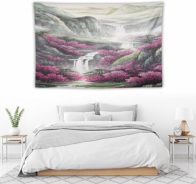 Japanese Tapestry, Red Plum Blossom Mountain Tapestry, Asian Japanese Wall Tapestry, Nature Landscape Tapestries for Bedroom Living Room Decor 60"x40"-Ruum Studio Home