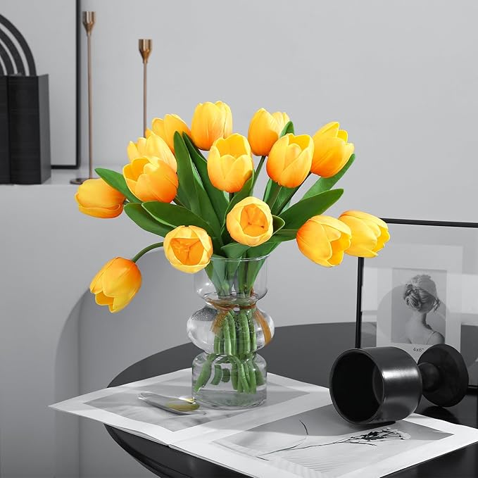 Orange Artificial Tulips, 2 Bundles 14Pcs, Fake Tulips Artificial Flowers, 2 x 2.4 Inch Large Flower Head Big Tulip, Easter Valentine's Day Mother's Day Home Decoration Flowers-Ruum Studio Home