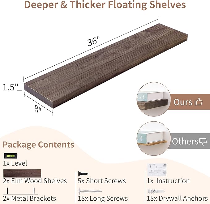 Axeman Floating Shelves for Wall, 8 Inch Deep Rustic Solid Elm Wood Wall Shelves for Storage, Wall Mounted Display Shelving with Invisible Heavy-Duty Metal Bracket, 36'' Width Set of 2, Walnut-Ruum Studio Home