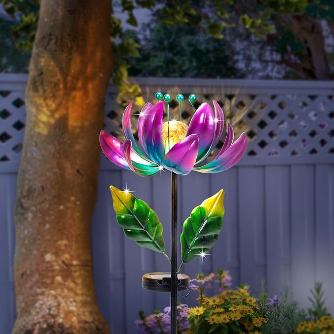 Solar Purple Metal Flower Wind Spinners, Colorful Spinning Windmill Lotus Yard Art Lights Wind Pinwheels with LED Crystal Ball Decorative Stake Lighting Flower Sculpture-Ruum Studio Home