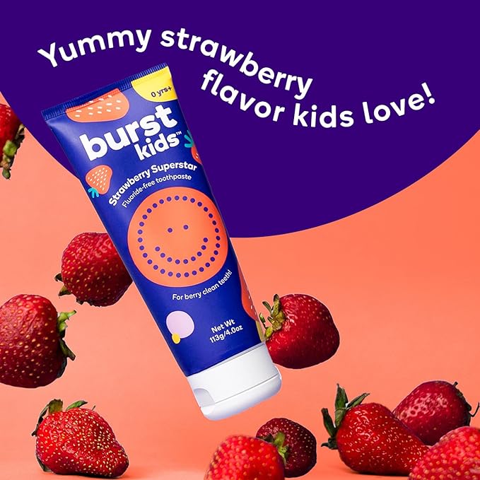 BURST Fluoride Free Strawberry Kids Toothpaste (4oz) | Great Tasting | Dye Free for Baby & Toddler Age 0+ | with Nano Hydroxyapatite-Ruum Studio Home