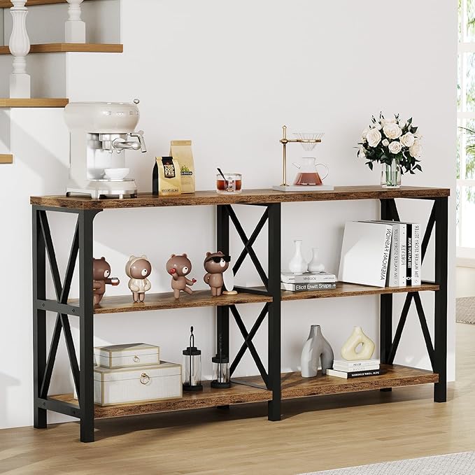 LVB Wood Console Table, Rustic 3 Tier Sofa Table Behind Couch, Industrial Metal Entryway Table with Storage Shelf, Farmhouse Wooden Foyer Hallway Table for Entry Living Room, Rustic Brown, 55 Inch-Ruum Studio Home