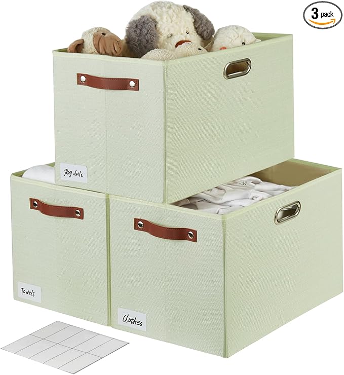 3-Pack Foldable Fabric Storage Bins with Durable PU & Metal Handles, Collapsible Storage Baskets for Shelves, Home Storage, Closet Organizers, Living Room(17"x11.8"x11.8", Sage Green)-Ruum Studio Home