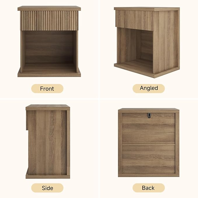 Fluted Nightstand, 22.8" Wide Nightstands with Drawer Storage Large Wood BedsideTable Night Stand for Bedroom Living Room Office, Natural Oak-Ruum Studio Home