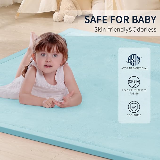 ACOMOPACK Baby Play Mat for Floor 1.3" Thick Memory Foam Play Mat 79"×157 Tummy Time Crawling with Non-Slip Bottom for Living Room,Nursery,Soft Velvet Playpen Mats for Kids,Infants（Light Blue）-Ruum Studio Home