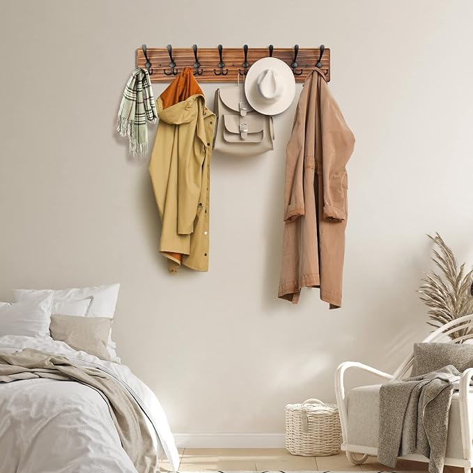 Coat Rack Wall Mount, Wooden Heavy Duty Coat Rack for Wall,8 Triple Coat Hanger Hooks for Hanging Coats,Jacket,Hat,Clothes (Brown, 8 Hooks)-Ruum Studio Home