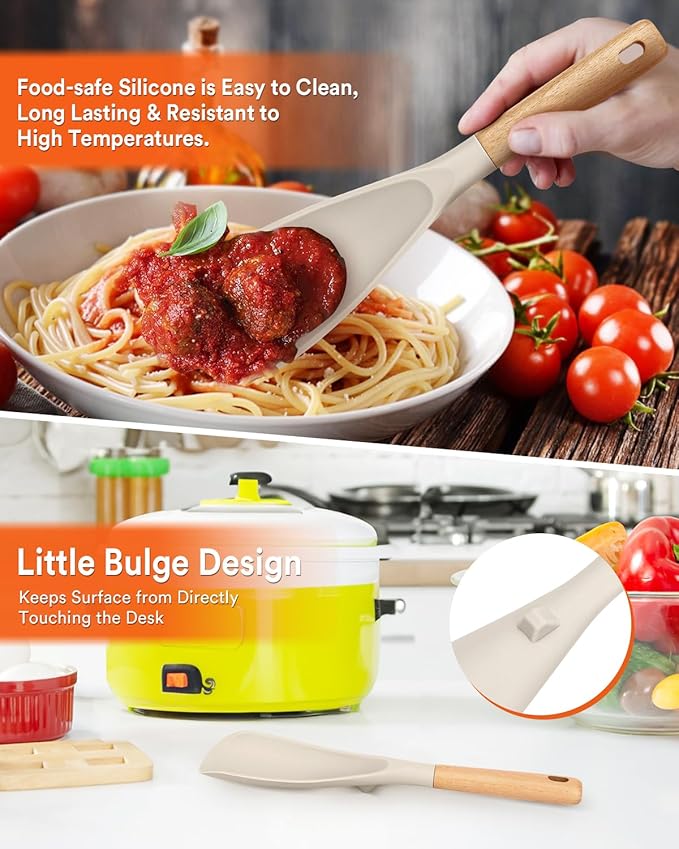 Cooking Spoon for Nonstick Cookwares, Great for Cooking and Serving Sturdy BPA-Free Matte Silicone, Wood Handle Spoon for Mixing, Scoop, and Scrape (2 Pack of Khaki, 11.4 inch)-Ruum Studio Home