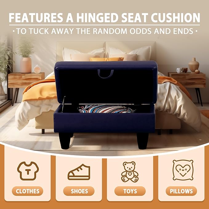 Ottoman Rectangular Storage Ottoman Bench, Faux Leather Footrest, Coffee Table, Stool Footstool with Hinged Lid for Living Room, Bedroom, Entryway, Blue, 28.5"x19"x17.5"-Ruum Studio Home
