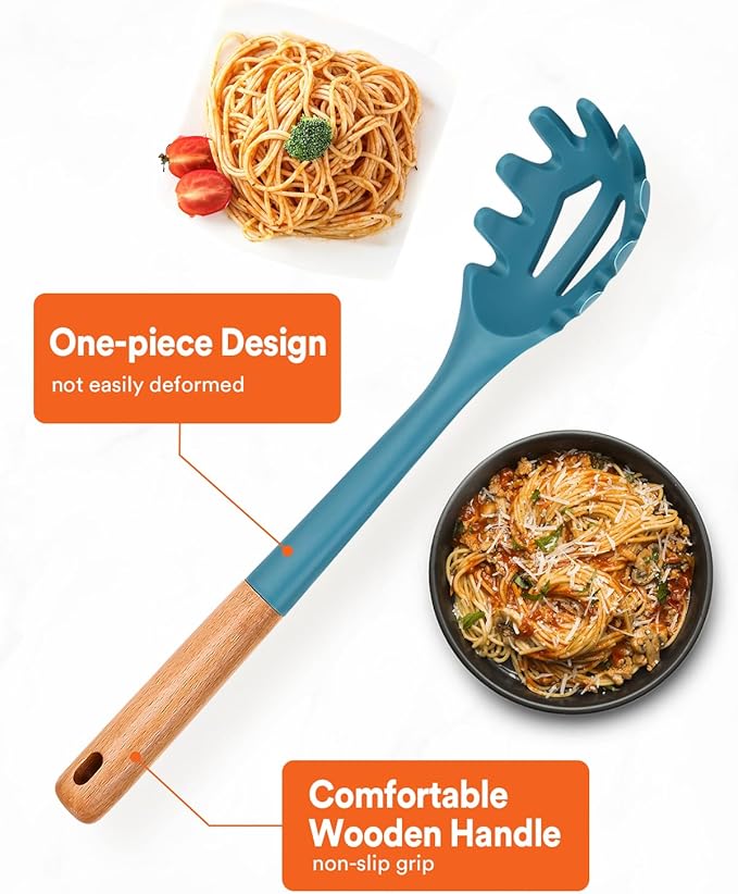 Silicone Pasta Fork, Kitchen Heat Resistant Noodle Spoon Server, BPA Free Spaghetti Strainer,12.8 inch (BLUE)-Ruum Studio Home