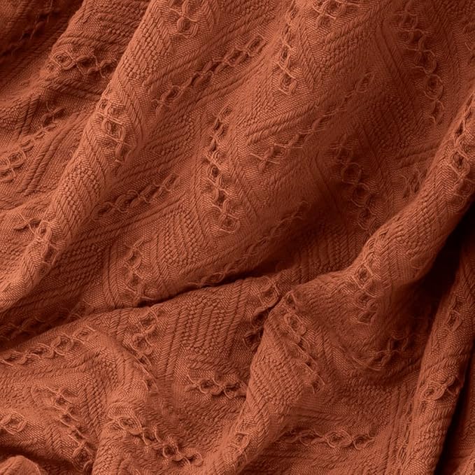 Simple&Opulence 100% Cotton Throw Blanket for Bed, Couch, Boho Luxury Geometric Woven Blanket with Tassels Soft Lightweight Cozy Breathable, Vintage Farmhouse Decoration for All-Season(Rust Orange)-Ruum Studio Home