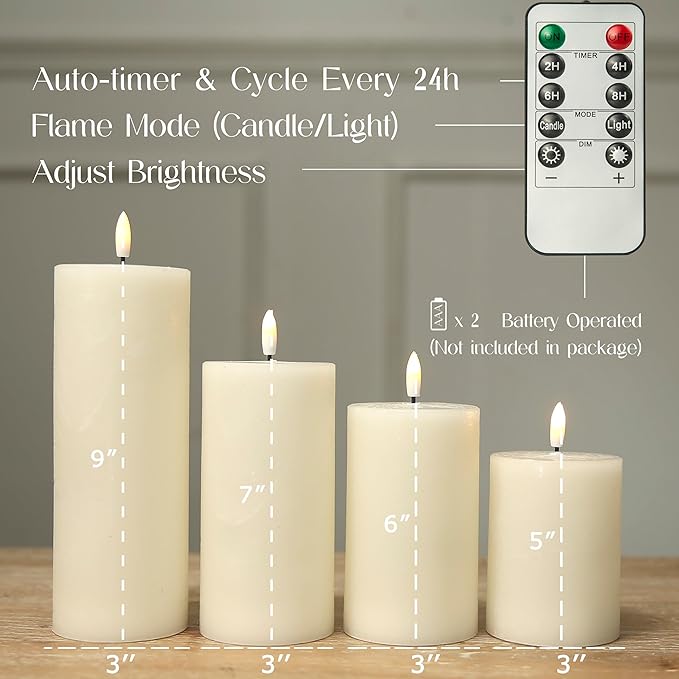 LUSHABOR Flameless Candles, 4 Pack Battery Operated Candles with Remote, Real Wax LED Fake Candles with Timer Flickering for Christmas Wedding Home Party D3 H 5" 6" 7" 9" Ivory-Ruum Studio Home