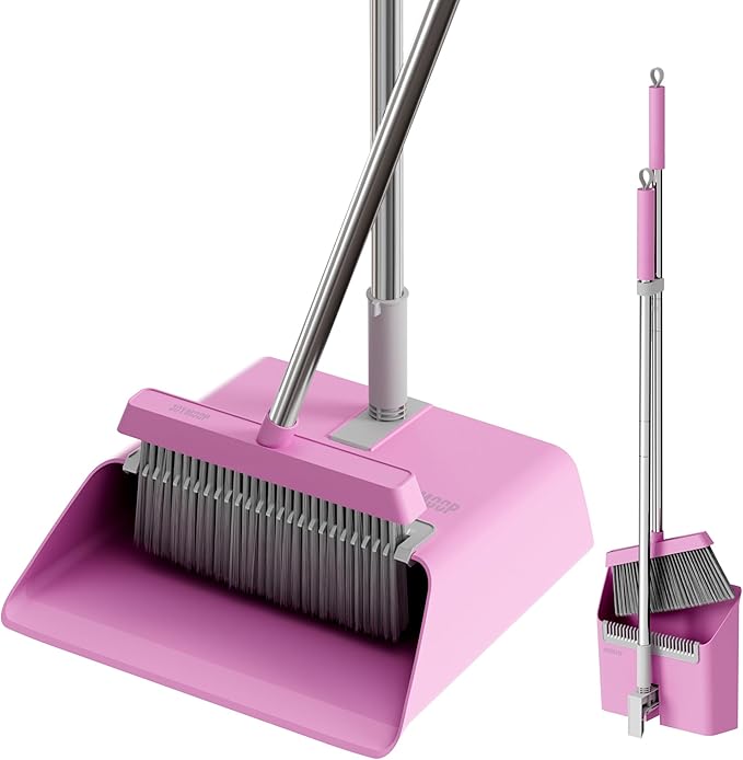 JOYMOOP Pink Broom and Dustpan Set with 56” Handle, Upright Angle with Built-in Comb Teeth for Hardwood Floors and Pet Hair-Ruum Studio Home