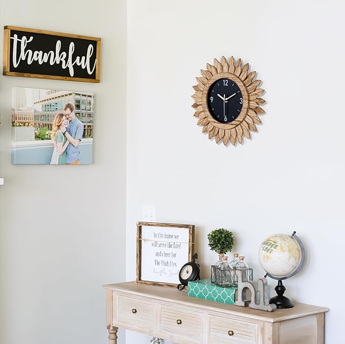 Honiway Wall Clock Battery Operated 12 in Rustic Wood Boho Sunburst Decorative Wall Clock Silent Non Ticking Farmhouse Small Wall Clocks for Living Room Kitchen Bathroom Bedroom Decor (Rustic Brown)-Ruum Studio Home