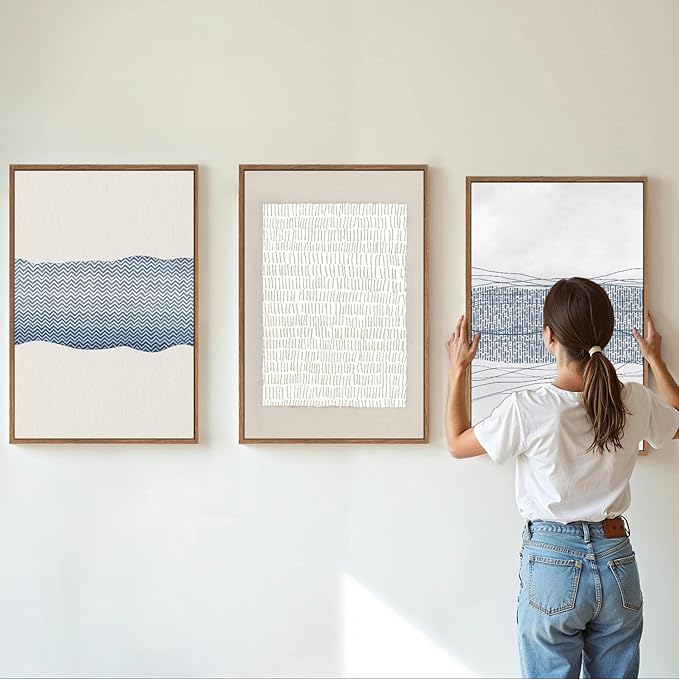 SIGNINART Large Abstract Framed Canvas Wall Art Set of 3, Minimalist Boho Line Art Prints, Modern Neutral Aesthetic Wall Decor, Blue and White Art Paintings for Living Room, Bedroom, Office 16"x24"-Ruum Studio Home