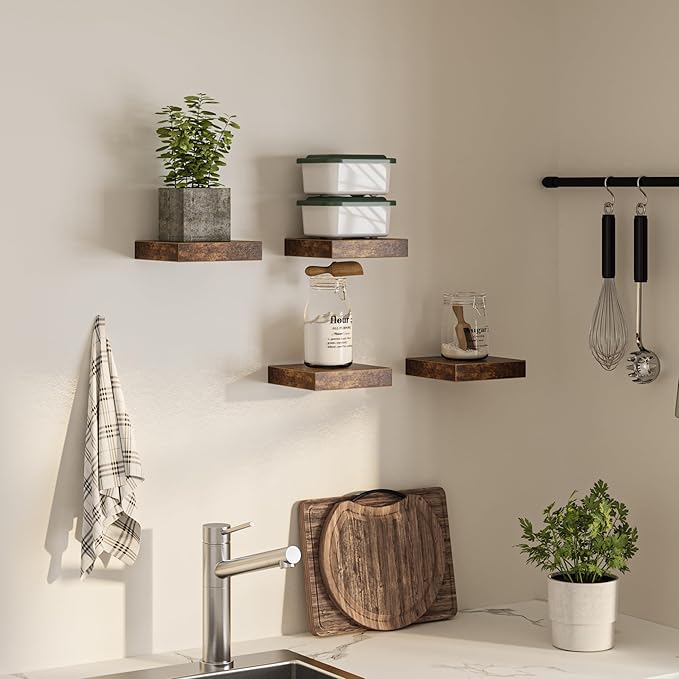 Square Floating Shelves for Wall, 8"W x 8"D x 1.2"H, Small Wooden Wall Mounted Display Shelves with Invisible Brackets for Living Room, Bedroom, Bathroom, Kitchen Decor, Set of 4, Rustic Brown-Ruum Studio Home