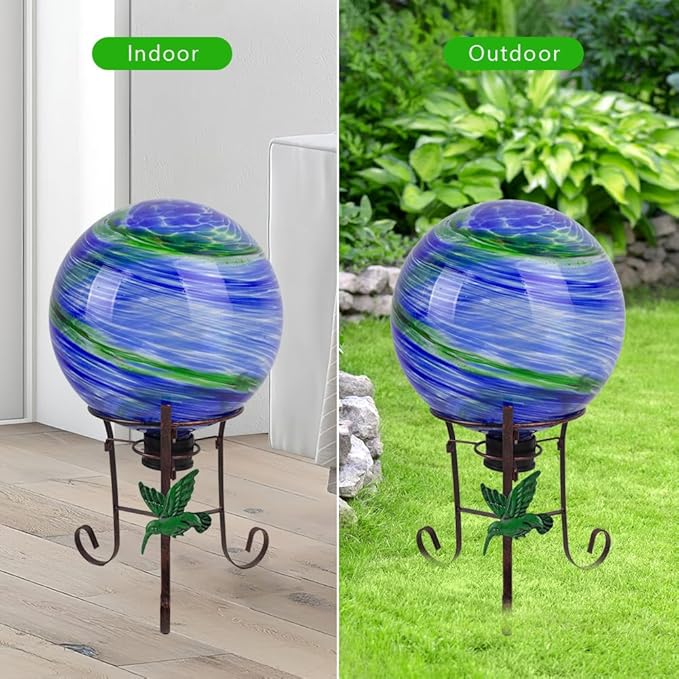 10" Diameter Gazing Ball with 8.5" Hummingbird Metal Stand Outdoor Garden Decor,Glass Globe Sphere Yard Art Decorations Outdoor,Glass Gazing Balls for Garden,Home,Lawn,Patio,Porch(Blue)-Ruum Studio Home
