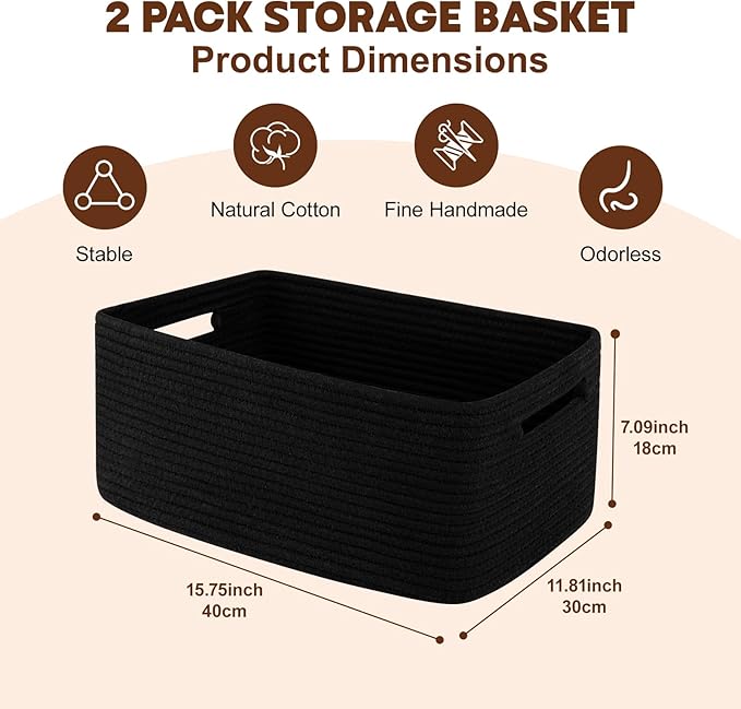 OIAHOMY Storage Basket for Shelves, Closet Cube Storage Bins Baskets for Clothes Blanket Towels, Baby Nursery, Toy Baskets Box, Woven Rope Basket, 15.75*11.81*7.09 IN, 2 Packs Black-Ruum Studio Home