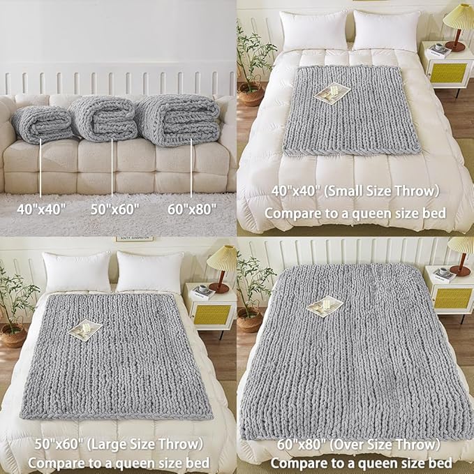 WESHIONGOO Chunky Knit Blanket Throw 40"×40" Knitted Throw Blankets for Couch Bed Fluffy Soft Blanket with Jumbo Chenille Yarn Thick 100% Handmade (Light Grey)-Ruum Studio Home