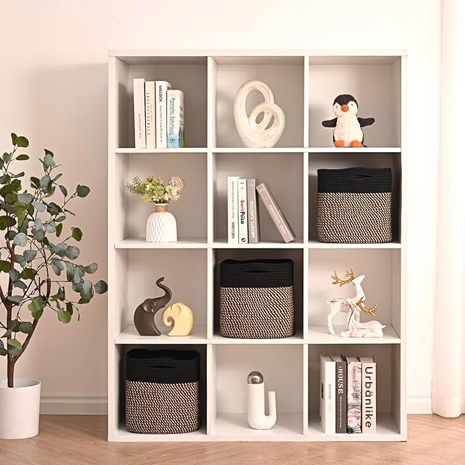 11 Inch Cube Storage Bins, Storage Cube Organizer Bins, Woven Cotton Rope Baskets for Storage, Storage Basket for Organizing Shelves, Square Baskets for Toys Nursery, Black & Jute (Pack of 3)-Ruum Studio Home