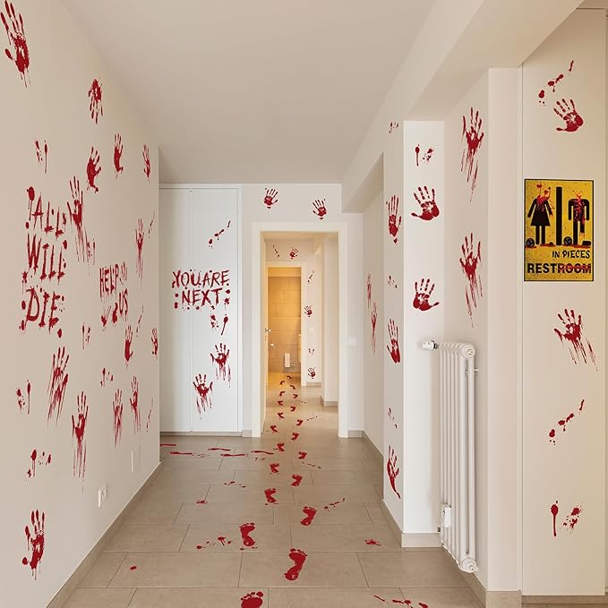Halloween Clings- Bloody Handprint Footprint Floor Stickers, Scary Halloween Party Decor for Windows and Cars, Indoor/Outdoor Use - 12 Sheets-Ruum Studio Home