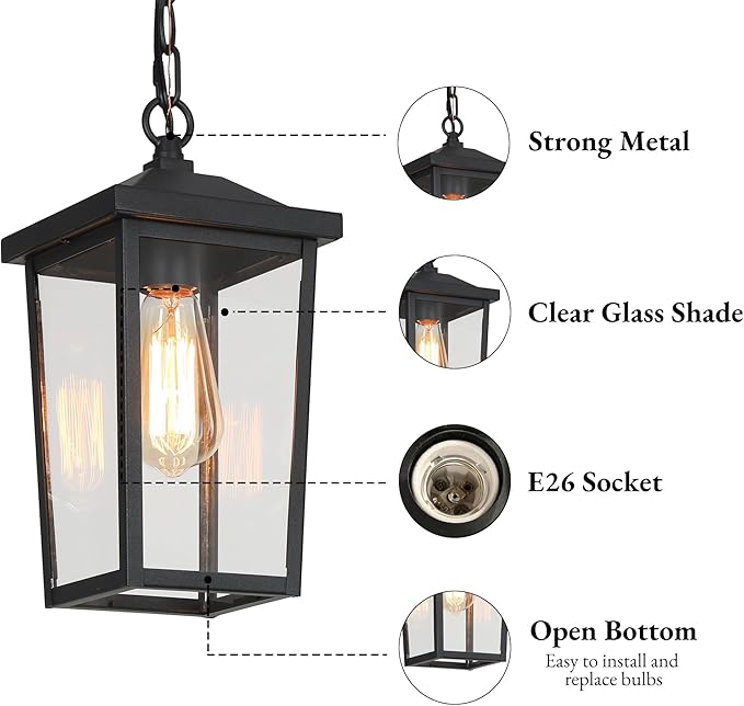 LOG BARN Outdoor Pendant Light Fixture, Farmhouse Exterior Lights, Anti-Rust Ceiling Outdoor Light with Clear Glass, Lantern Hanging Light for Front Door, Entry, Porch, and Gazebo-Ruum Studio Home