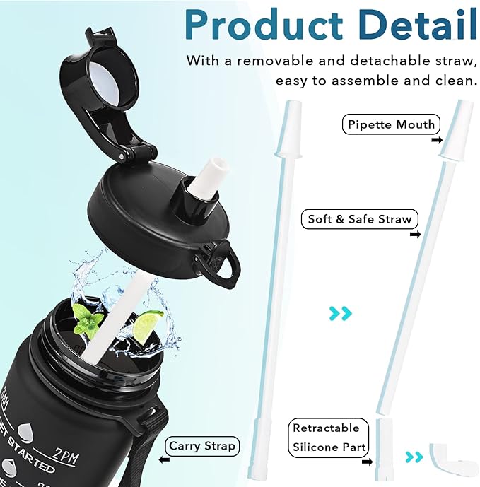Enerbone Water Bottle, Leakproof BPA & Toxic Free, Motivational Water Bottle with Times to Drink and Straw, Fitness Sports Water Bottle with Strap for Office, Gym, Outdoor Sports-Ruum Studio Home