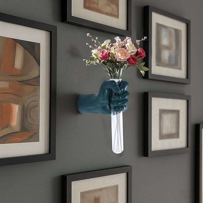 Green Wall Sculptures, Hand Vases Home Decor, Wall Mount Art Sculpture, Unique Wall Art Statue, Funky Flower Vase Decorations, Modern Eclectic Hanging Decor,Glass Test Tube Vase-Ruum Studio Home