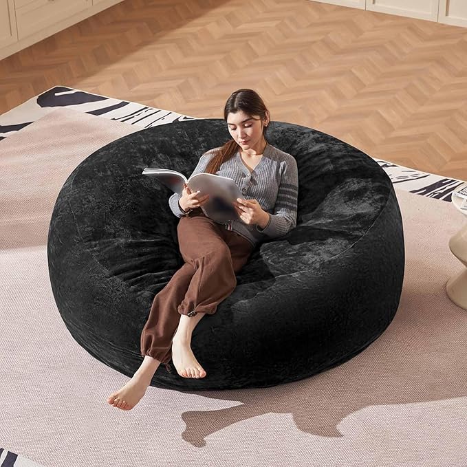 Bean Bag Chair 6Ft, Memory Foam Filled, Large Beanbag Chairs for Adults and Teens, Soft Sofa with Removable Flannel Cover, Round Couch for Living Room Bedroom College Dorm (Black, 6FT-67×67"×24")-Ruum Studio Home