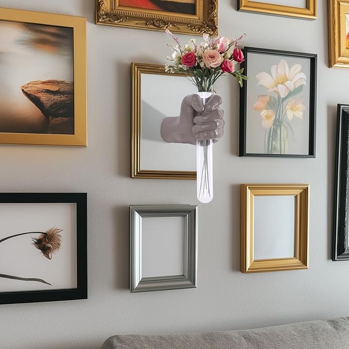 Wall Sculptures, Hand Vases Home Decor, Wall Mount Art Sculpture, Unique Wall Art Statue, Funky Flower Vase Decorations, Modern Eclectic Hanging Decor,Glass Test Tube Vase (Beige)-Ruum Studio Home