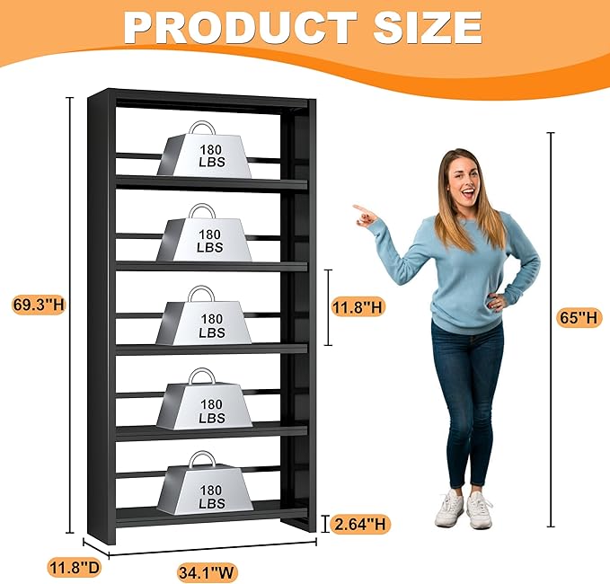5 Tier Book Shelf, Metal Bookshelf, 69.3” Tall Black Bookcase, Free-Standing Industrial Bookshelves, Tools-Free Assembly Book Storage Organizer for Bedroom, Living Room, Office (Black)-Ruum Studio Home