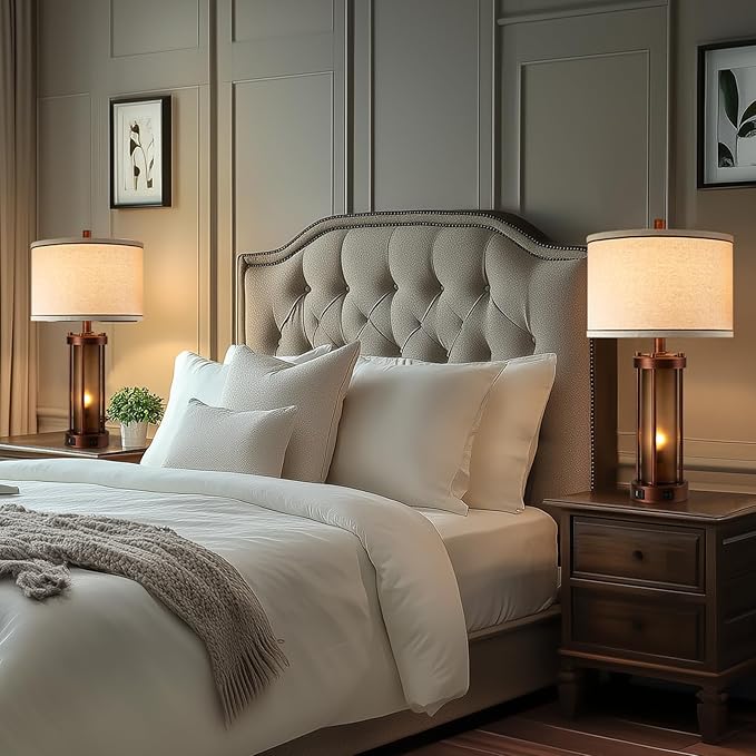 Set of 2 Farmhouse Table Lamps for Living Room, Rustic Bedside Lamps with 2 USB Charging Ports, Bedroom Nightstand Lamp with Amber Frosted Glass Nightlight, 4 Bulbs Includes-Ruum Studio Home