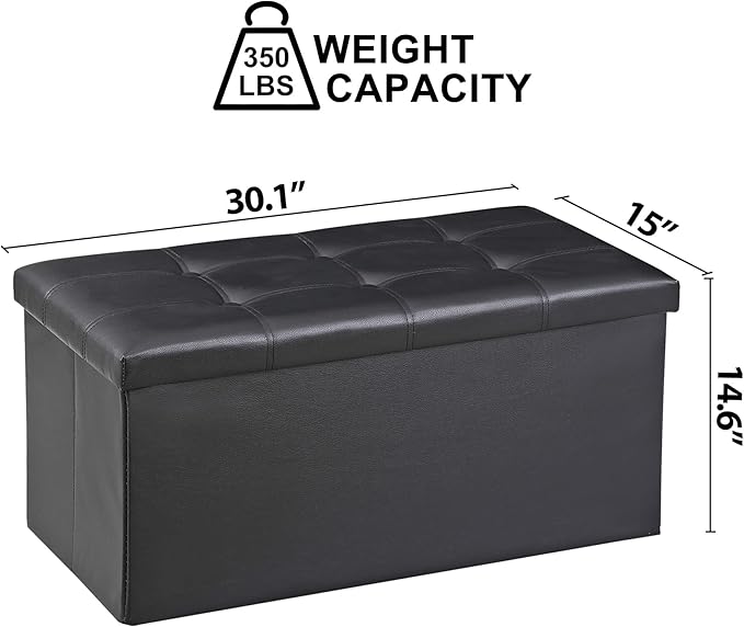 SUPER DEAL 30 inches Folding Ottoman with Storage, Bedroom Footrest Bench, Rectangle Sotrage Chest for Living Room Entryway, 30"x15"x15", 85L, Faux Leather, Black-Ruum Studio Home