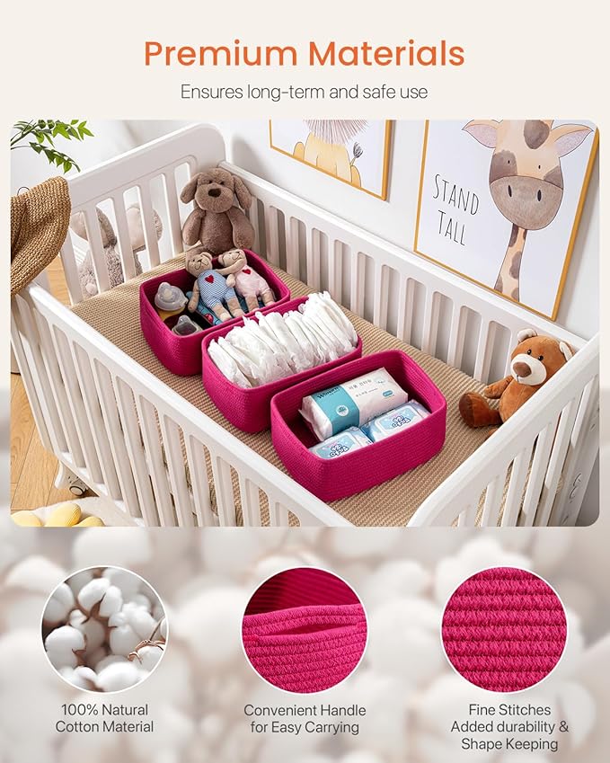 KALLAX Small Woven Basket, 13.5 x 9.5 x 5 Inches, Storage Basket for Organizing, Cute Small Rope Shelf Closet Cube Storage Bins Baskets for Shelves, Dog Toy Gift Baskets Empty, 3 Packs, Hot Pink-Ruum Studio Home