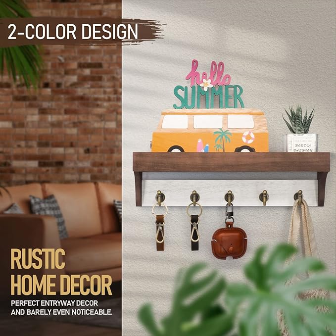 Rebee Vision Key Holder for Wall with Shelf - Farmhouse 2-Color Key Rack with 5 Retro Keys Hooks and Primitive Wood Mail Organizer Wall Mount - Decorative Rustic Home Decor (Brown & White)-Ruum Studio Home