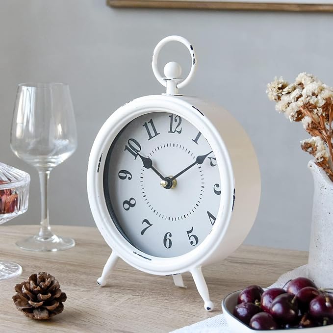 Vintage Rustic White Table Clock on Stand, Decorative Desk and Shelf Clock Farmhouse Mantel Clock Rustic Non-Ticking Clock-Ruum Studio Home