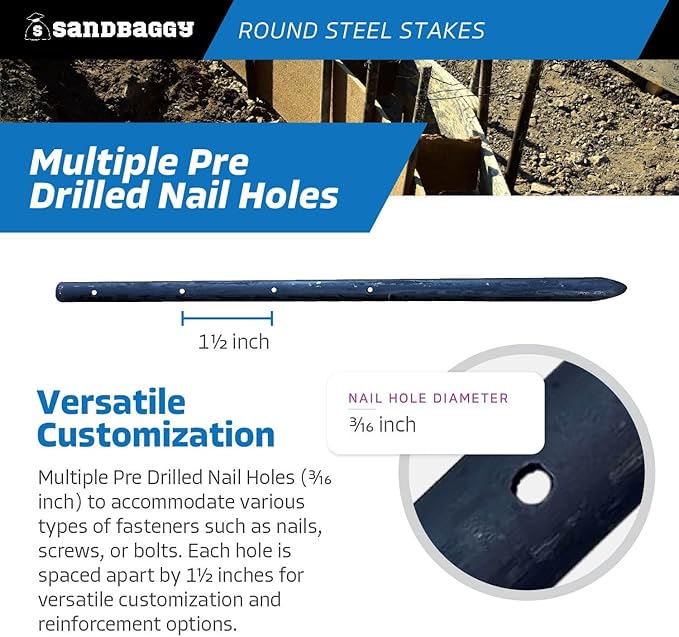 Sandbaggy Round Steel Concrete Form Stakes with Nail Holes - Rust Resistant Coating - Removable, Reusable (50, 3/4 in X 18 in)-Ruum Studio Home