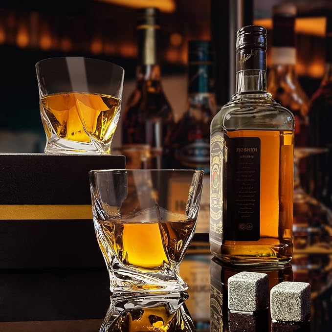 Crystal Whiskey Glasses Set of 2 with Ice Ball Molds, 11 Oz Old Fashioned Glasses Packaged in Giftable Box, Twisted Style Bourbon Glasses Gifts for Men, Stylish Whiskey Glasses Set-Ruum Studio Home