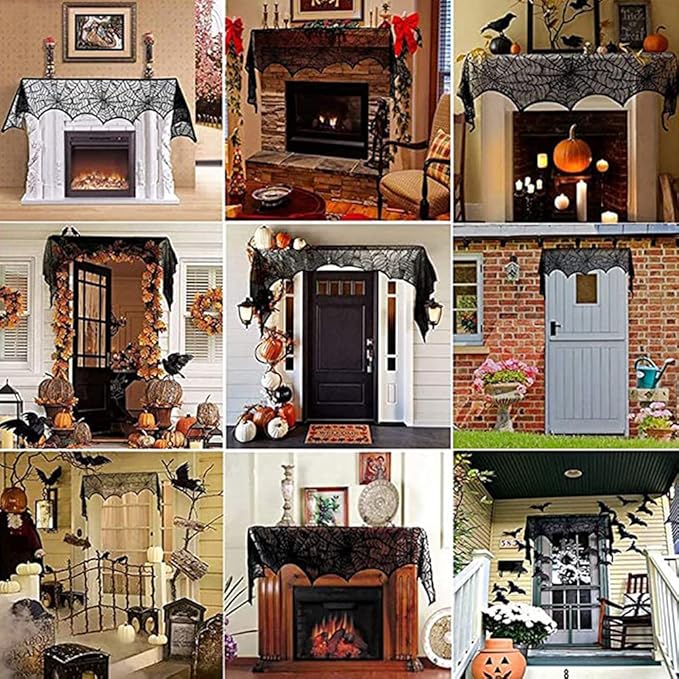 Hommtina 4 Pack Halloween Decorations Tablecloth Runner Black Lace Round Spider Cobweb Table Cover Fireplace Mantel Scarf Spiderweb with 60 Pcs 3D PVC Scary Black Bat Sticker Halloween Party Supplies-Ruum Studio Home