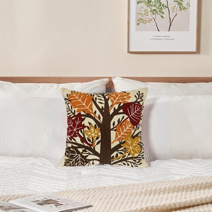 Alysheer Embroidered Fall Decorative Throw Pillow Cover 18"x 18", Boho Farmhouse Cottage Tufted Embroidery Pattern Cotton Canvas Orange Cushion Case for Sofa Couch Bed Living Room Decor(Maple Leaves)-Ruum Studio Home