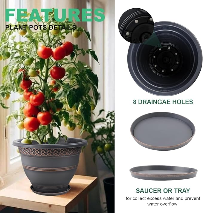 4 Pack 12 Inch Large Plant Pots, Plastic Flower Pot for Indoor & Outdoor with Drainage Holes & Saucer, Plaid Pattern Planters Garden Pots for Herbs Bronze-Ruum Studio Home