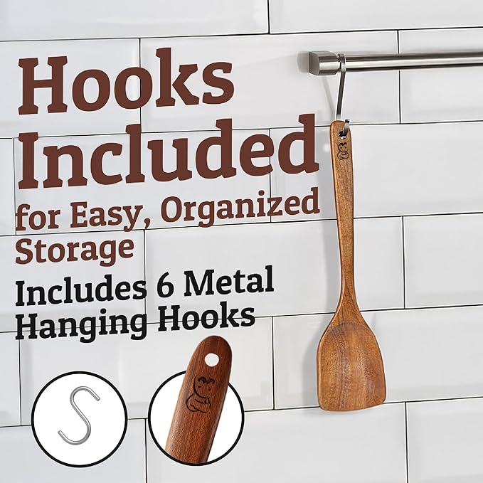 PriorityChef Premium Wooden Spoons for Cooking - 6pc Smooth Finish Teak Wooden Utensil Set with Hanging Hooks, Heat-Resistant & Nonstick Safe, Ideal for Gifting-Ruum Studio Home