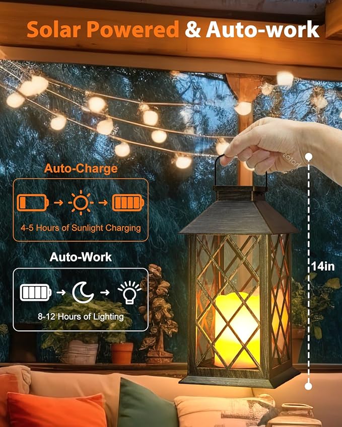 Otdair Solar Lanterns Outdoor Waterproof, 2 Pack 14" Solar Lantern with Glass Retro LED Flickering Flameless Candle,Lanterns Decorative Outdoor for Gift, Yard, Garden, Patio, Balcony,Porch, Party-Ruum Studio Home