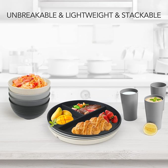 greenandlife 10 Inch 4PCS Unbreakable Portion Control Plates, Divided Plates for Kids Adults, Dishwasher & Microwave Safe Compartment Plate, Lightweight Reusable Wheat Straw plate, BPA Free-Ruum Studio Home
