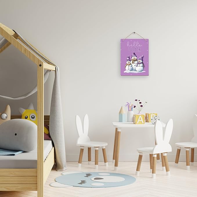 Purple Hello Winter Snowman Hanging Wooden Signs 10x8, Snowman Winter Signs, Winter Door Sign, Purple Snowman Winter Snowflakes Home Room Office Hanging Wall Decor-Ruum Studio Home